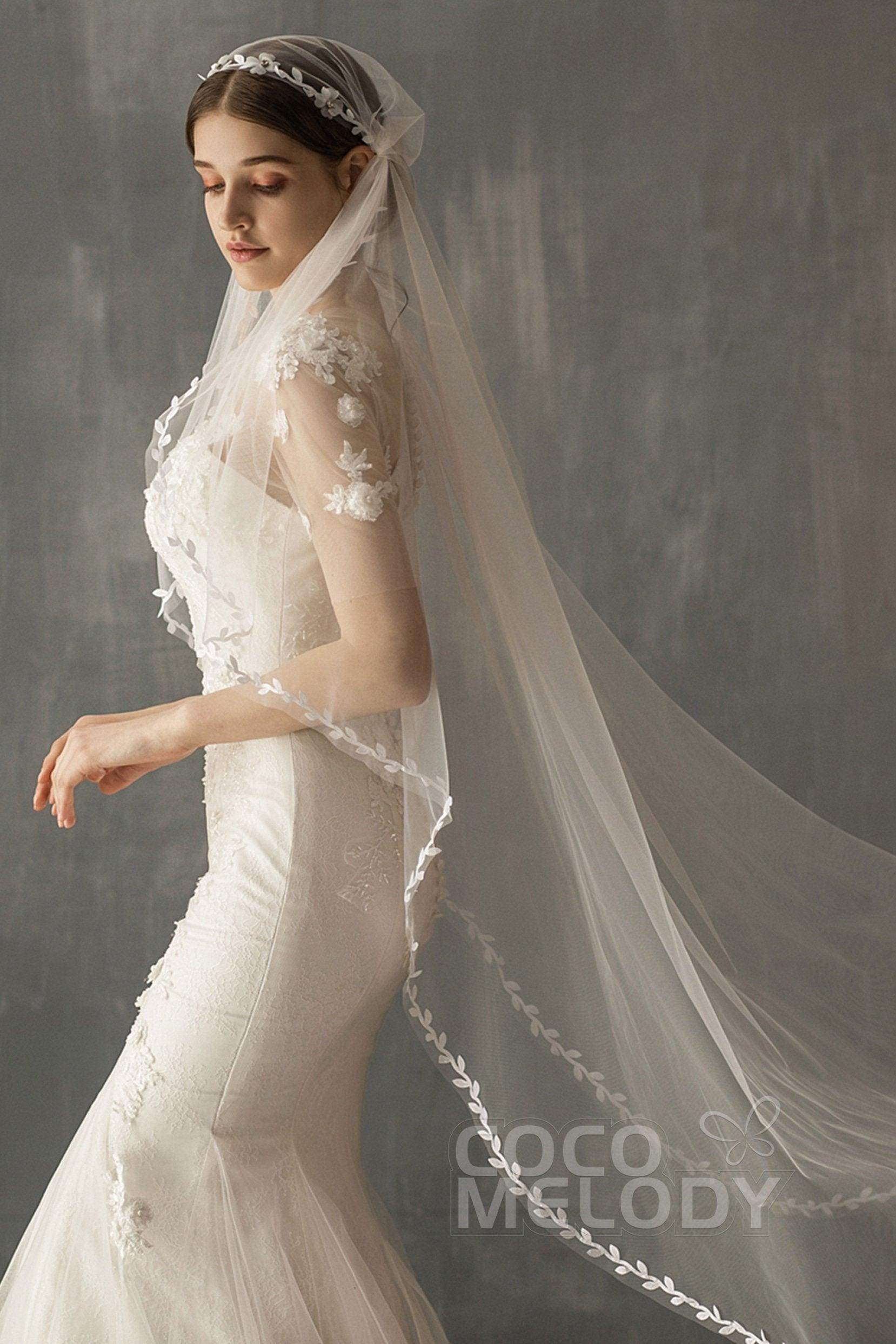 One-tier Lace Edge Voile Tea Veils with Appliques CV0222 - COCOMELODY